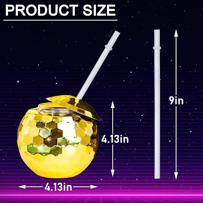 Disco Ball Cups, 20OZ Disco Party Cups with Lid and Reusable Straw Flash Ball Cocktail Cup for Party Nightclub Bar Supplies Wine Drinking Syrup Tea Bottle (12, Golden)