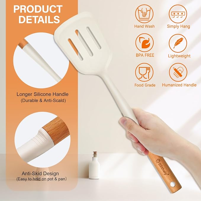 Large Silicone Kitchen Utensils Set with Holder, 25Pcs Cooking Utensil Set with Wooden Handle, Heat Resistant Spatula Sets for Cooking, BPA Free Silicone Utensils Set for Non-Stick Cookware(White)