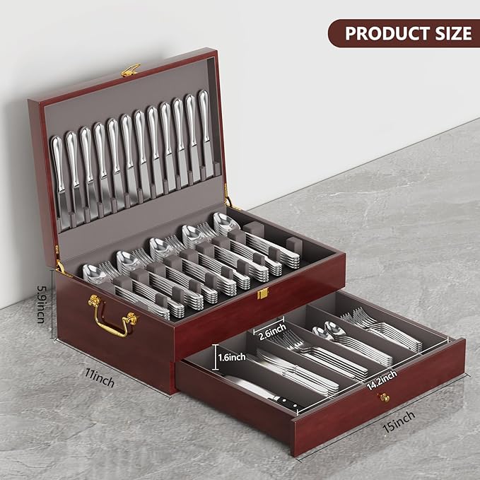 Mahogany Wood Silverware Storage Box,Silverware Case Flatware Chest with Felt Lined,Flatware Storage Box for 12 sets of Utensils（Walnut，2 Tier）