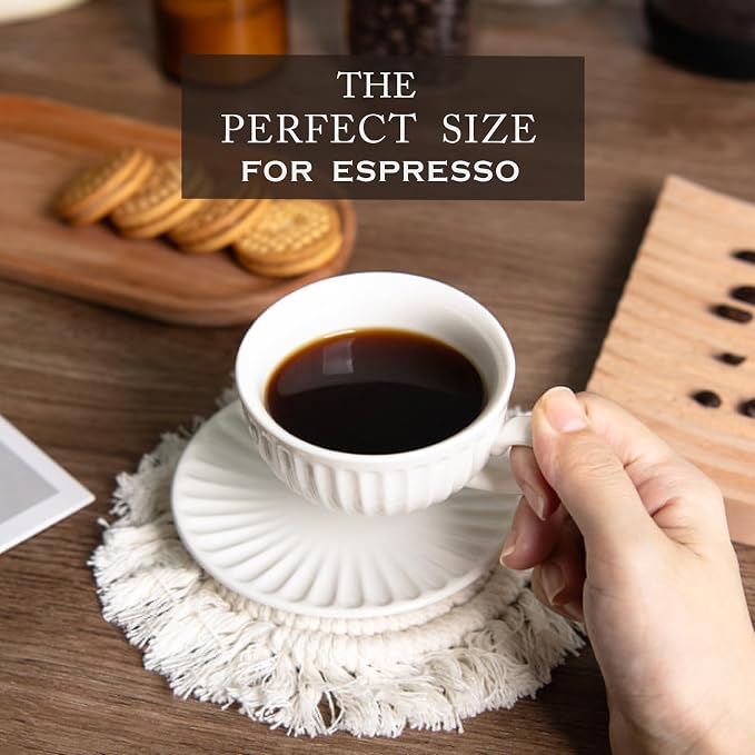 2 oz Espresso Cups Set of 6, Ceramic Cappuccino Cups with Saucers, Stackable Coffee Cup for Macchiato, Double shot, Tea, Coffee Lover Gifts, White