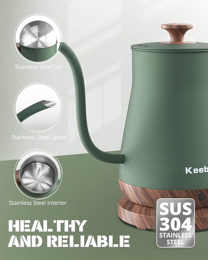 Gooseneck Electric Kettle, Electric Tea Kettle Stainless Steel, Pour over kettle for Coffee, 1000W Hot Water Kettle Electric Auto Shut Off, 0.8L, Wood-like Grain Finish Handle, Matcha Green