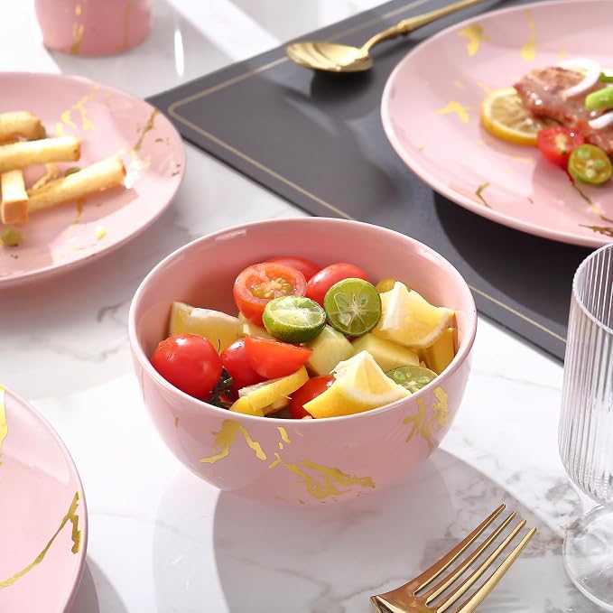 Pink Marble Dinnerware Set for 4, 16-Piece Porcelain Plates and Bowls Set with Gold Trim, Modern Ceramic Dish Set for Home Dining and Gifts