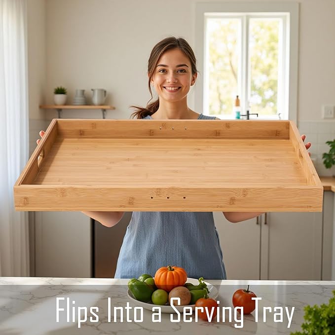 Bamboo Stove Cover for Gas & Electric Burners, 28.82”x20.83”x2.12'' (Inner) Noodle Board with Handles, Cutting Board with Juice Groove, Serving Tray (Natural Bamboo)