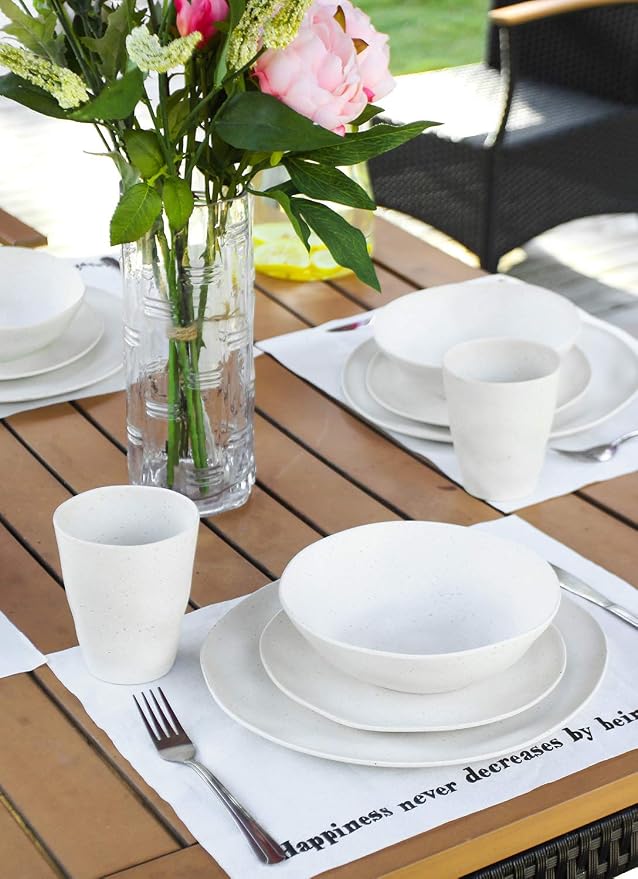 Morgiana Bamboo Dinnerware Set, 8-Pieces Reusable Tableware Set Eco-Friendly Bamboo Fiber Plates, Cups, Bowls for 2 Person (White)