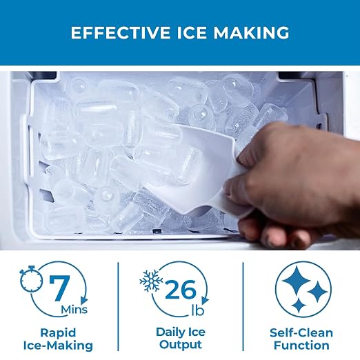 Koolatron Ice Maker- Ice Machine Countertop Portable with Handle, 26lbs in 24Hrs, 8 Ice Cubes Ready in 7 Mins, Ice Makers with Basket and Scoop, maquina para hacer hielo Black for Home/Kitchen/Camping