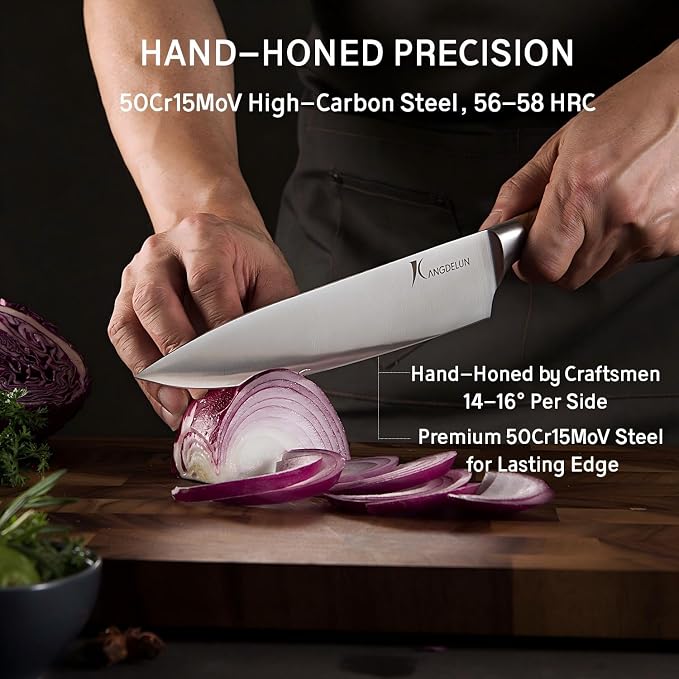 Kangdelun Ultra Sharp 15-Piece Knife Set, 50Cr15MoV High-Carbon Stainless Steel, Torrefied Brown Ash Wood Handles, Angled Dark Brown Wood Block, Easy Hand Wash, Gift Box