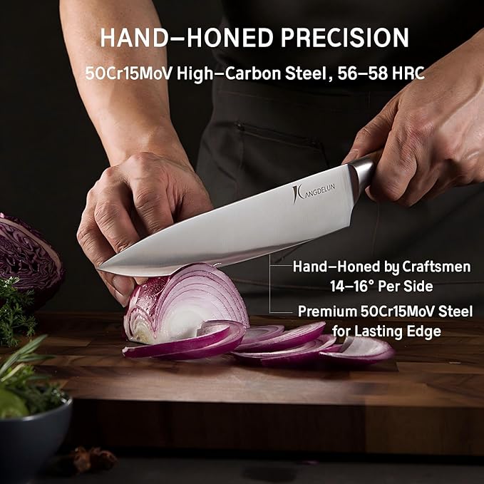Kangdelun Ultra Sharp 14-Piece Kitchen Knife Set, High Carbon Stainless Steel Blades, Torrefied Natural Wood Handles, Ergonomic Design, Space-Saving Black-Finished Wood Block, Easy Hand Wash, Gift Box