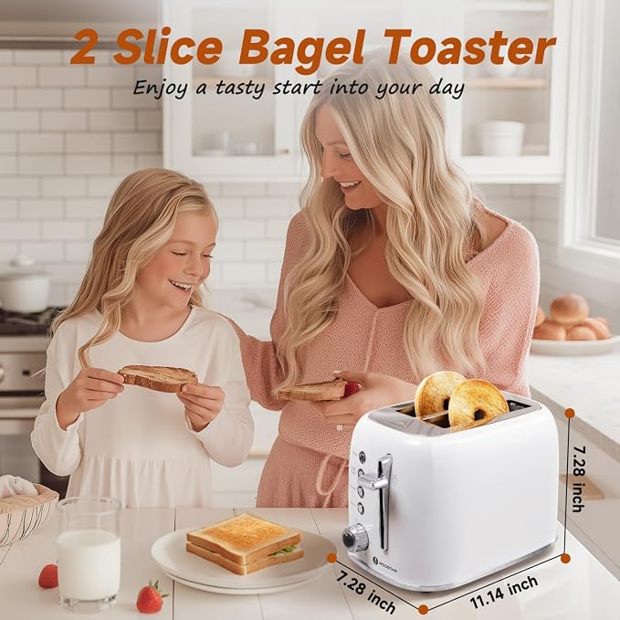 Aigostar Retro 2 Slice Toaster, Stainless Steel, White | Extra Wide Slots, Bagel Function, Cancel & Defrost, 6 Shade Settings, Removable Crumb Tray
