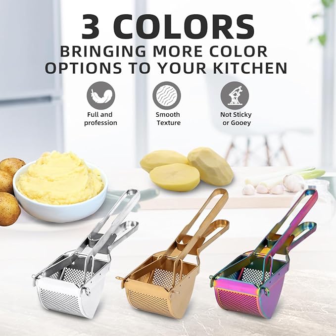 QRU Large Potato Ricer, Heavy Duty Stainless Steel Potato Masher for Commercial and Home Use, Fruit Press Baby Food Masher (Gold)