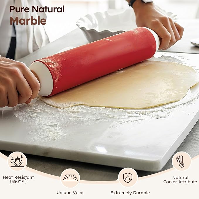 Diflart Natural Marble Stone Cutting Board for Kitchen, 16x20inch, Carrara White, Marble Slab with Non Slip Feets for Pastry, Cheese, Charcuterie, Baking, Rolling Dough, Chocolate Tempering