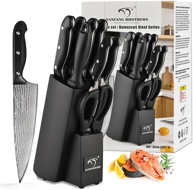 NANFANG BROTHERS 9-Piece Damascus Kitchen Knife Set, 67-Layer VG10 Japanese Steel, Professional Chef Knives with Compact Wooden Block, Triple-Riveted Ergonomic Handles (Hand-Wash Only)