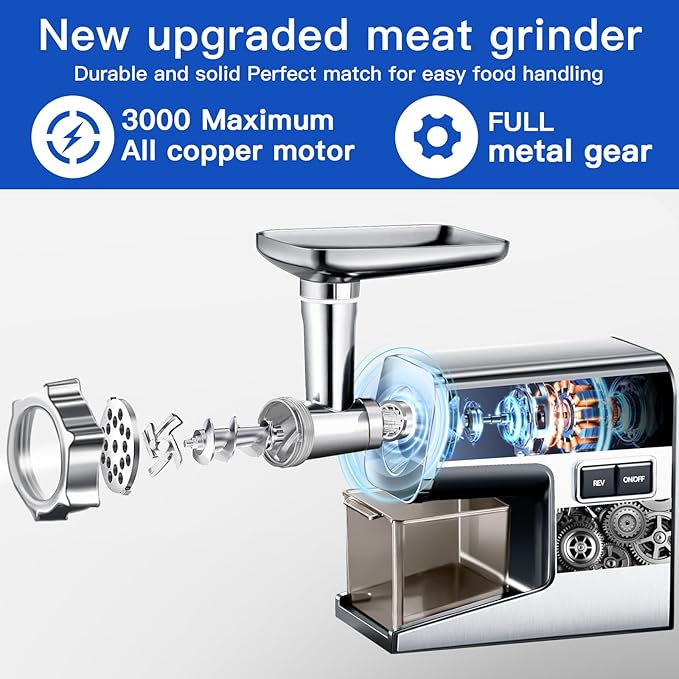 Sinyder Electric Meat Grinder,3000 Max Heavy Duty Stainless Steel Meat Mincer with 2 Blades,3 Grinding Plates,3 Sausage Stuffer Tubes & Kubbe Kit for Home & Kitchen Using