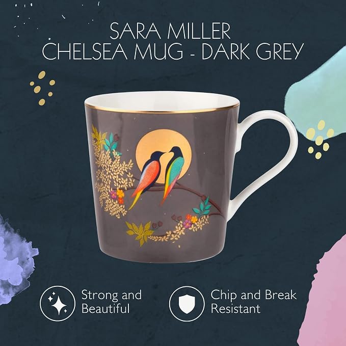 Portmeirion Sara Miller London Chelsea Mug, Dark Grey | 12 Oz Cup for Drinking Tea, Coffee, and Hot Cocoa | Made from Fine China with Gold Detail | Handwash Only