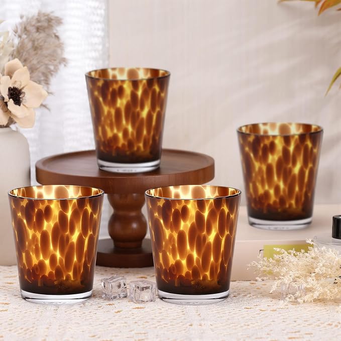 Honeydak Set of 6 Tortoise Leopard Print Brown 10 oz Rocks Glasses Stylish Stemless Cocktail Cups Glass Glassware Tumbler Ideal for Gin, Tequila, Vodka, Soft Drinks