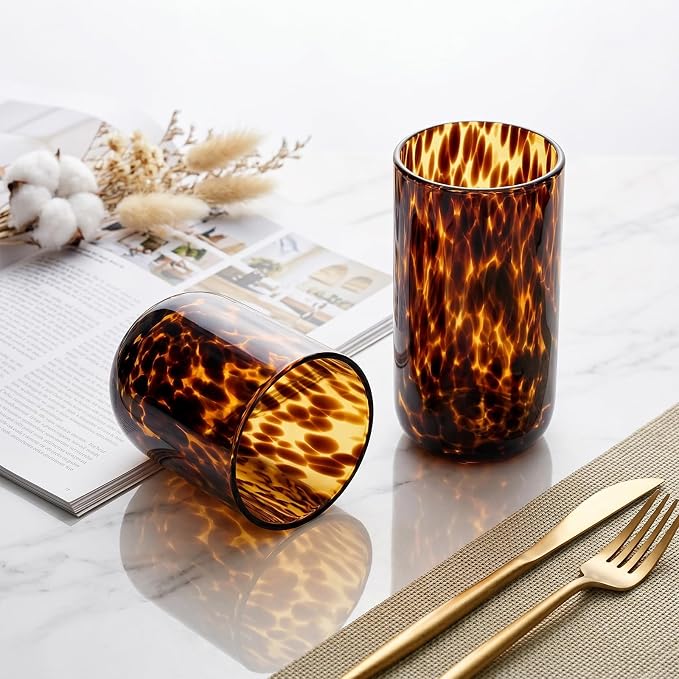 Tortoise Shell Drinking Glasses Set of 4, Brown Decorative Tortoise Shell Tumbler Cups for Wine & Drinks，Drinking Glasses for Wedding Gifts, Housewarming, Cocktail Party (4, 10oz+15oz)