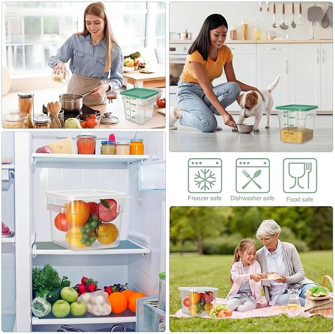 Lallisa 4 Pcs 8qt & 4qt Clear Food Storage Containers with Lids Handles and Scales, Stackable Plastic Square Food Storage Containers for Dough Proofing Baking Kitchen Restaurant(White, Green)