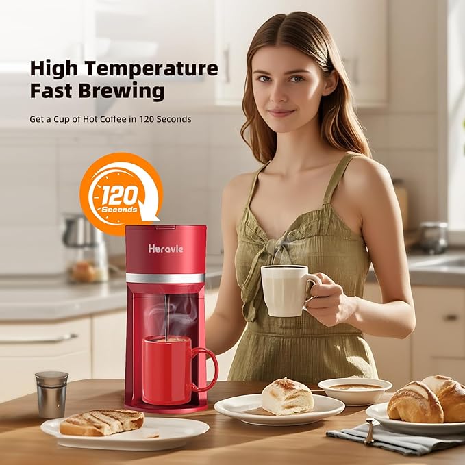 Horavie Mini Single Serve Coffee Maker for K-Cup Pod and Grounds, Fast Brew One Cup Coffee Machine with Descaling Reminder and Water Window, 6 to 12 oz. Brew Sizes, Red
