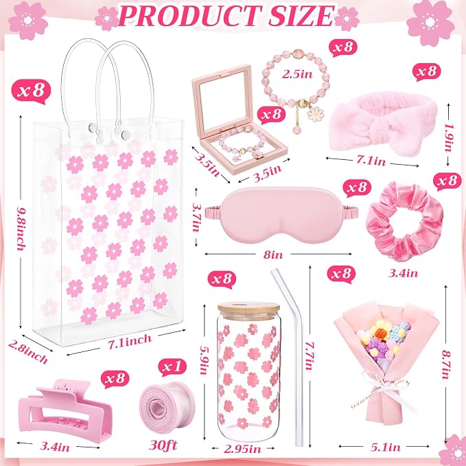 Vesici 73 Pcs Spa Sleepover Party Supplies Bulk Women 8 Sets Slumber Birthday Bridesmaid Gift Crochet Flower Glass Cup Eye Mask Hair Ties Gift Bag Bracelets Scrunchies Headband(Cherry Blossoms,Pink)