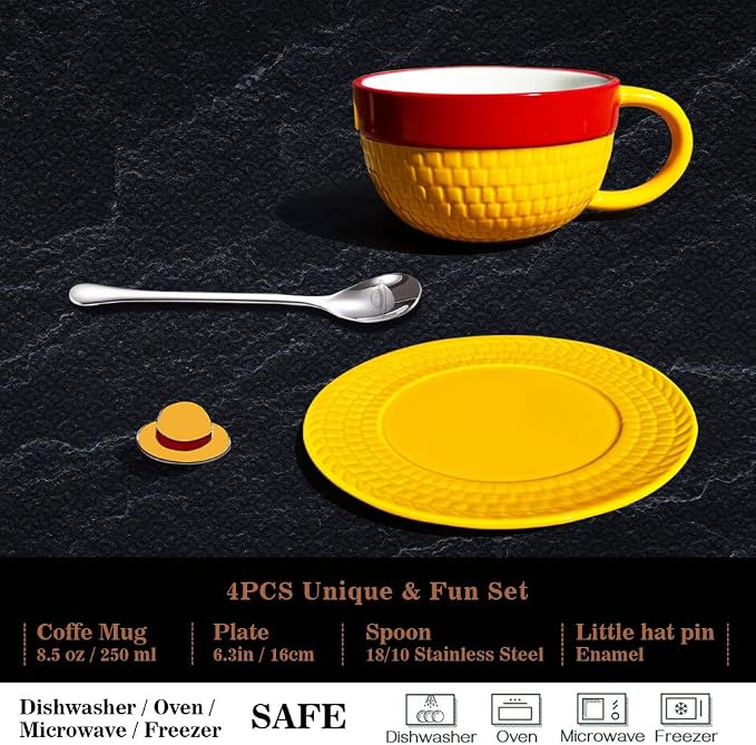 shiningsoul 4-Piece Ceramic Coffee Mug Set, 8.5oz 3D Novelty Straw Hat Shaped Cup with Saucer, Stainless Steel Spoon and Enamel Pin, Pirate Adventure Themed Gift for Tea Lovers and Home Office Decor