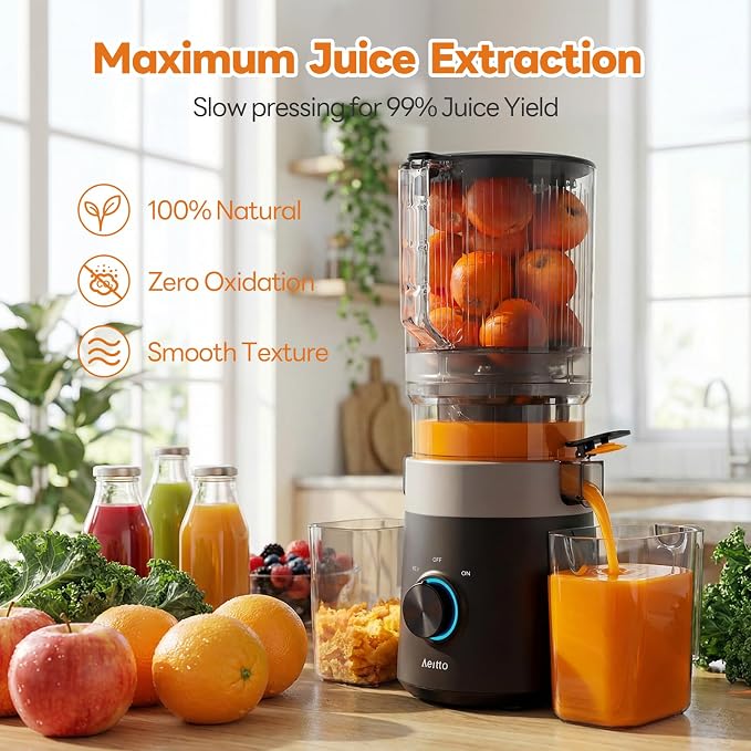 Aeitto 3-in-1 Cold Press Juicer for Juice, Nut Milk & Sorbet – Filter-Free Design for Effortless Cleaning, 6.0" Extra Large Chute Fits Whole Fruits & Vegetables, Juicer Machines High Yield, With Brush
