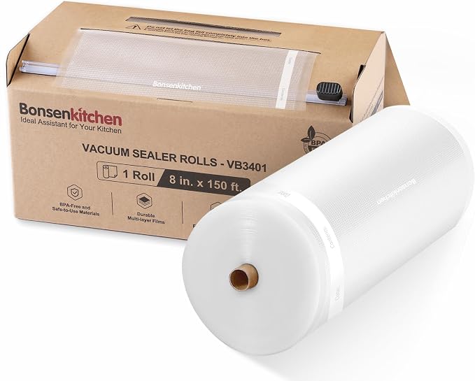 Bonsenkitchen 8” x 150’ Vacuum Sealer Bags Rolls with Cutter for Food Storage, Commercial Grade, BPA Free, Great for Meal Prep and Sous Vide Cooking