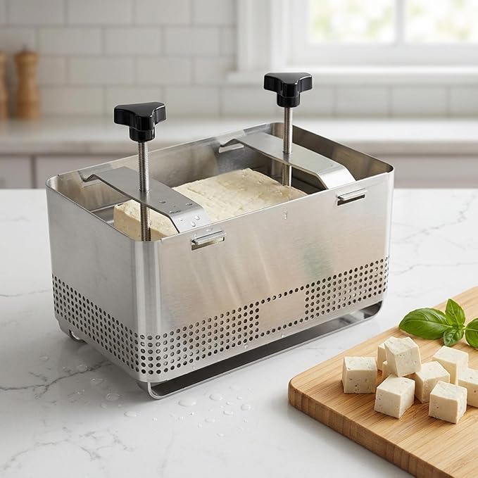 Tofu Press - Stainless Steel Tofu Mold & Paneer Cheese Press Kit for Homemade Firm Yogurt Strainer, Includes Drain Tray & Cloth, XL Mold