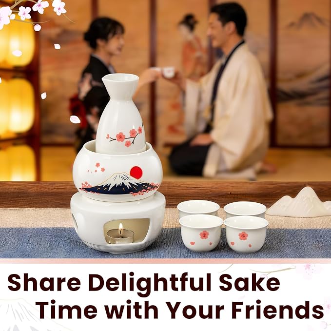 DUJUST 10 pcs Japanese Sake Set with Warmer for 6, Sakura & Fuji Design Porcelain Sake Set, 6 Sake Cups, 1 Bottle, 1 Warmer, 1 Candle Stove, 1 Tray & 1 Box, Warm Sake Carafe, Japanese Gifts - White