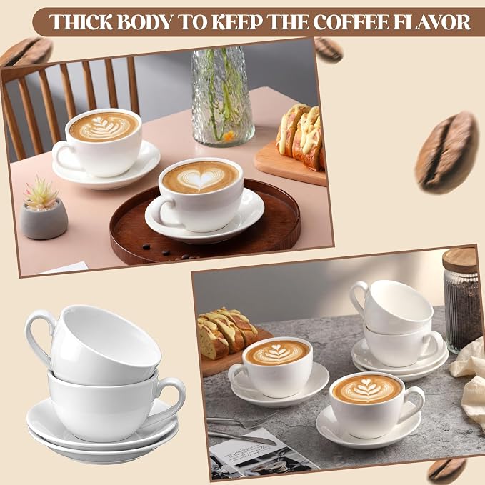 4 Set 16 oz Cappuccino Cups with Saucers Large Ceramic Coffee Mugs White Espresso Cup and Saucer Set Heavyweight Porcelain Housewarming Gift for Tea Espresso Latte Kitchen Cafe