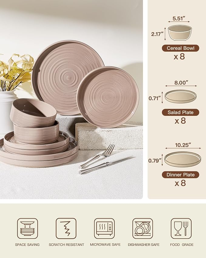 Stoneware Dinnerware Sets for 8, 24-Piece High Edge Plates and Bowls with Speckled Glaze & Spiral Design - Chip & Scratch Resistant, Microwave & Dishwasher Safe - Gift Box, Brown