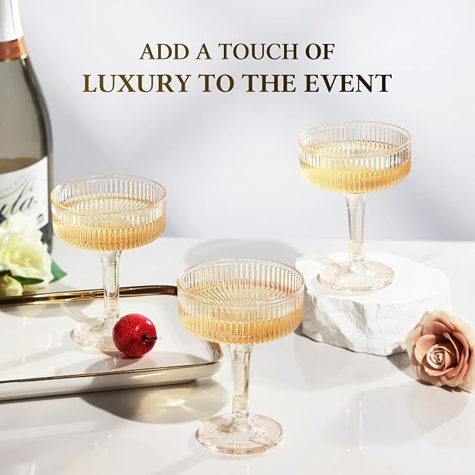 Goodluck 4-Tier Champagne Glasses - 20 PCS 7oz Glitter Gold Plastic Champagne Flutes,Plastic Coupe Glasses with Vertical Stripes for Weddings, Celebrations, Parties & Birthdays