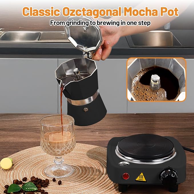 2-in-1 Aluminum Moka Pot Set with Electric Stove Classic Stovetop Espresso Coffee Maker 150ml 5oz Mocha Express Portable Gift Camping Travel Preferred Cafe Italian Cuban Café Brewing 3 Cup