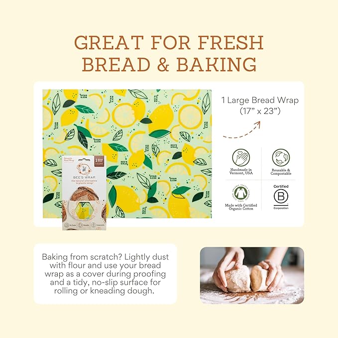 Bee's Wrap - Limited Edition - Beeswax Wraps for Bread - Beeswax Bread Wrap for Sourdough & Bread Storage - Plastic Free Made in USA Reusable Natural Food Wrap - Fresh Squeeze Print