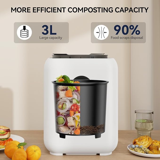 Electric Composter for Kitchen Smart Compost Bin Odorless with 3L/3 Modes | Self-Cleaning/LED Display/Quiet, Turn Food Waste into Fertilizer for Garden