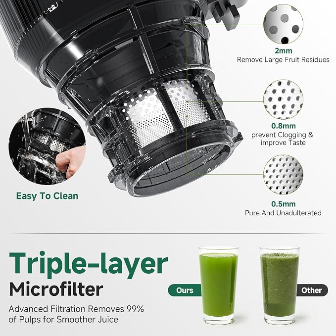 AMZCHEF Cold Press Juicer Machine, 5.8" Wide Chute for Whole Fruits & Vegetables, Self-Feeding Slow Masticating Juicer, 3-in-1 for Juice, Nut Milk & Sorbet, Triple Filtration, Easy Clean