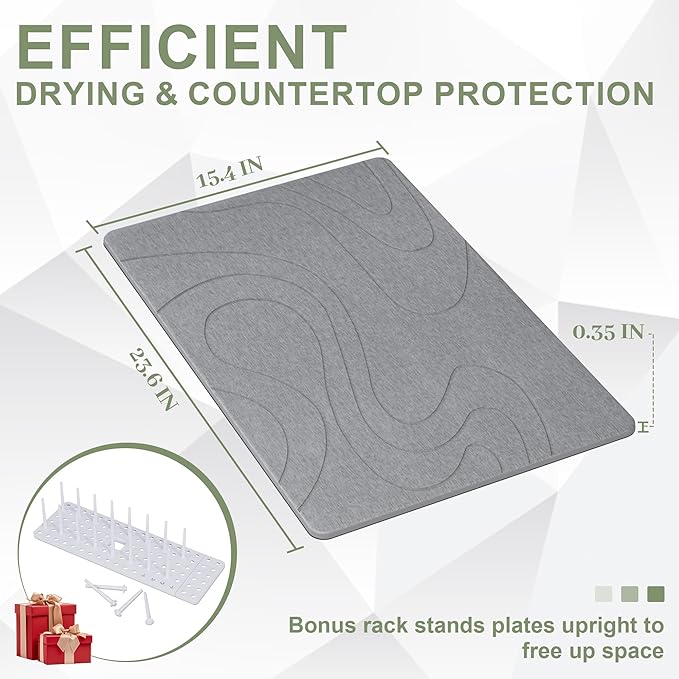 Large Stone Drying Mat for Kitchen Counter, 24" × 16" Diatomite Dish Drying Mat, Ultra Absorbent Diatomaceous Earth Dry Stone Mats with Dish Rack for Dished, Bottles, Dark Grey