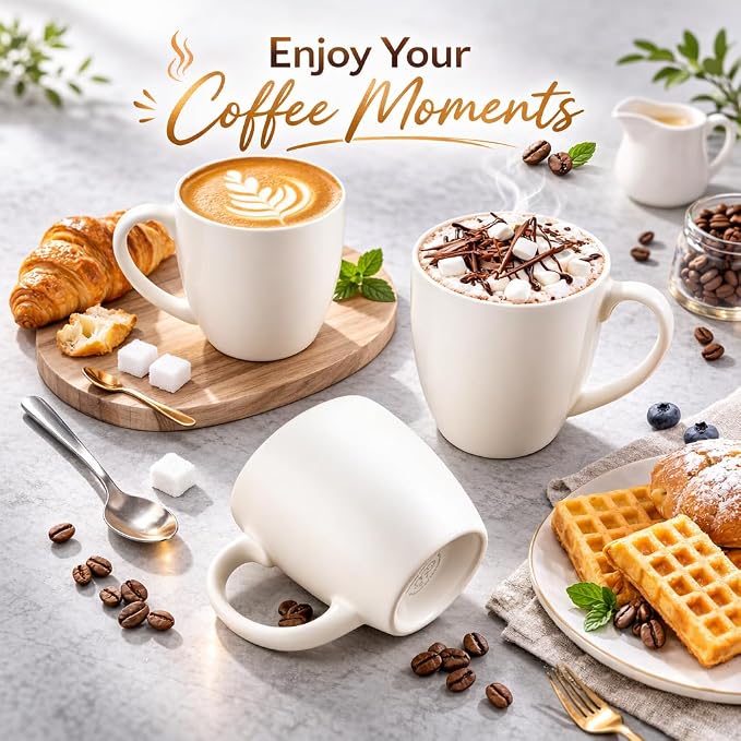 GBhome 12oz Coffee Mugs Set of 6, Large Ceramic Coffee Mugs for Man, Woman, Dad, Mom, Modern Coffee Mugs Set with handle for Tea/Latte/Cappuccino/Milk/Cocoa. Dishwasher&Microwave Safe,ivory