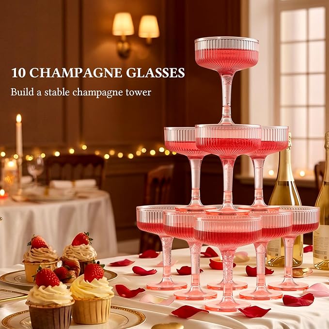 Goodluck 3-Tier Champagne Glasses - 10 PCS 7oz Pink Plastic Champagne Flutes, Plastic Coupe Glasses with Vertical Stripes for Weddings, Celebrations, Parties & Birthdays