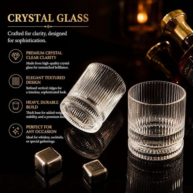 Vintage Whiskey Glasses Set of 2, 12 oz Crystal, Luxury Gift Box | Old fashioned, ribbed design, gift-ready box, birthday, Father's Day, Christmas, gifts for men, home barware