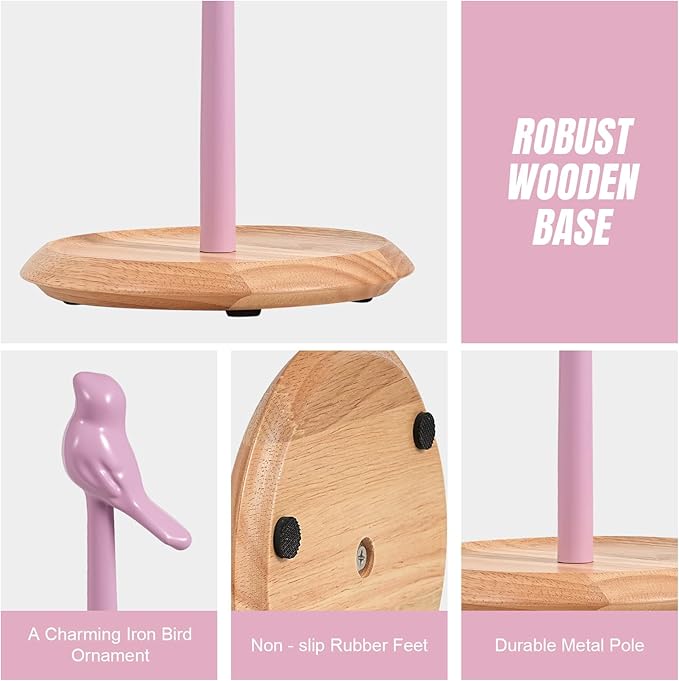 Wooden Paper Towel Holder countertop, Stylish Bird Shaped,Solid Wood Base&Iron Top, with Non-Slip Mat, Stable&Durable,Paper Towel Holder Farmhouse Style to Elevate Your Kitchen's Décor (Pink)