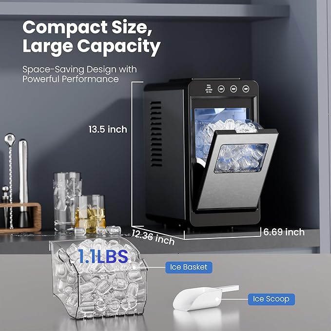 Electactic Ice Makers Countertop,26Lbs/24H,8Pcs in 6Mins,Portable Ice Maker Machine with Self-Cleaning,Interior Lighting,2 Sizes of Bullet Ice for Home/Office/Party(Stainless Steel)
