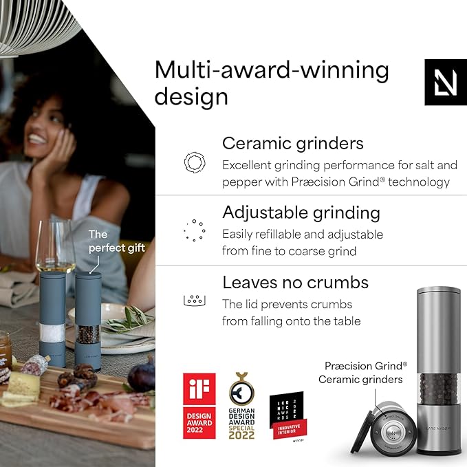 LARS NYSØM Salt and Pepper Grinder Set Manual, Stainless Steel Salt and Pepper Mills with Adjustable Ceramic Grinder I Design Spice Shakers (Stainless Steel)