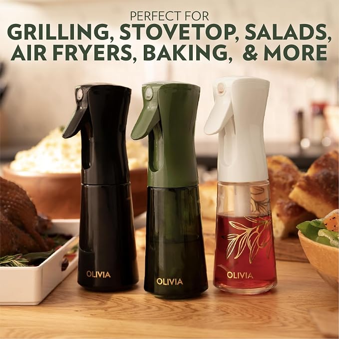 OLIVIA SIGNATURE Advanced Kitchen Oil Sprayer with Flairosol Technology, Fine Mist & Portion Control, Refillable Glass Olive Oil Cooking Spray Bottle for Air Fryer, Salad, BBQ, 2 Pack 200ml (White)