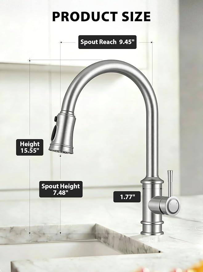 Hiqufet Vintage Kitchen Faucets with Pull Down Sprayer, Brushed Nickel | Stainless Steel High Arc, Drip-Free 3 Spray Mode, 360° Rotation, Easy DIY Single Hole Install