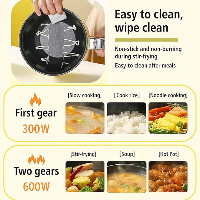 1.6L Electric Ramen Cooker Multicooker: Non-Stick Hot Pot for Instant Noodles Pasta Oatmeal Stews Soup Shabu-Shabu and Egg Dorm Cooking Includes Steamer Basket & Glass Lid Power Adjustment White