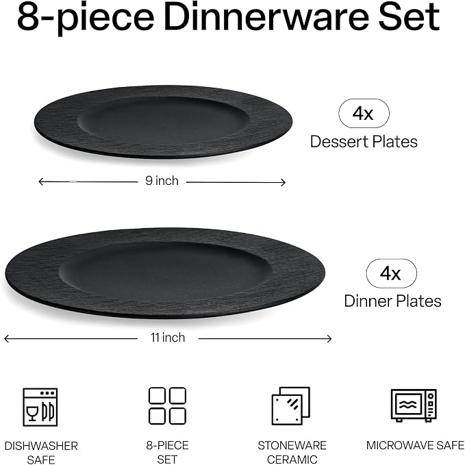MIAMIO - Set of 8 Dinner Plates, 4x Small Plates (9 inch), 4x Big Plates (11 inch), / 8-piece Ceramic Plate Set, Stoneware Crockery Set - Microwave & Dishwasher Safe - Oasis Collection (Black)