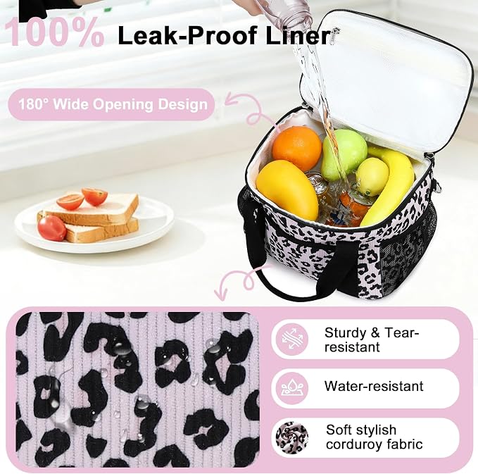 BTOOP Insulated Lunch Box for Women, Cute Corduroy Lunch Bag with Shoulder Strap, Leakproof Wide-Open Lunch Tote for Work, Office, School, Picnic, Pink-Leopard