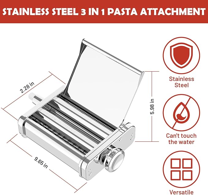 3-in-1 Pasta Attachment for KitchenAid Stand Mixer - Stainless Steel Pasta Maker with Roller, Spaghetti & Fettuccine Cutters | Professional Pasta Accessories for Homemade Noodles & Italian Cuisine
