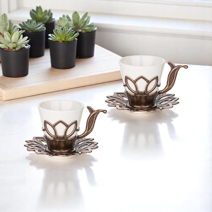 Alisveristime (Set of 6) Turkish Coffee Set with Porcelain Cups, Zamac Holders & Saucers – 80ml Capacity, Ottoman Motif, 4 Color Options (Brown)