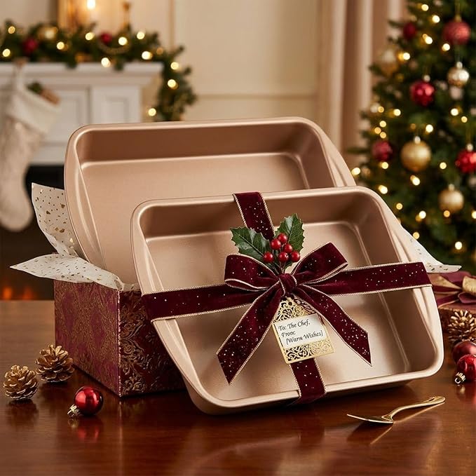 9x13 Nonstick Baking Pan 2 Pack – Heavy-Gauge Carbon Steel Cake Pan，Warp-Resistant & PFOA Free, Even Heating for Lasagna, Sheet Cake, Brownies & Meal Prep, Wide Handles Golden