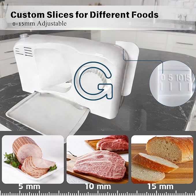 Meat Slicer for Home, 150W Foldable Deli Meat Slicer with 6.7'' Blade, Child Lock Protect Electric Bread Slicer, Adjustable Thickness Portable Food Cutter Machine for Spam Breads Meat (White)
